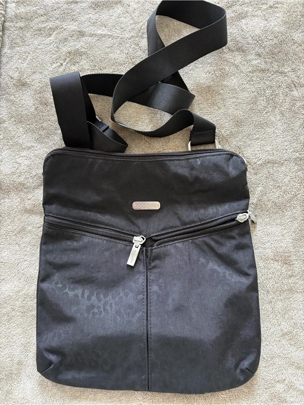 Baggallini Black Nylon Crossbody with Subtle Leopard Texture